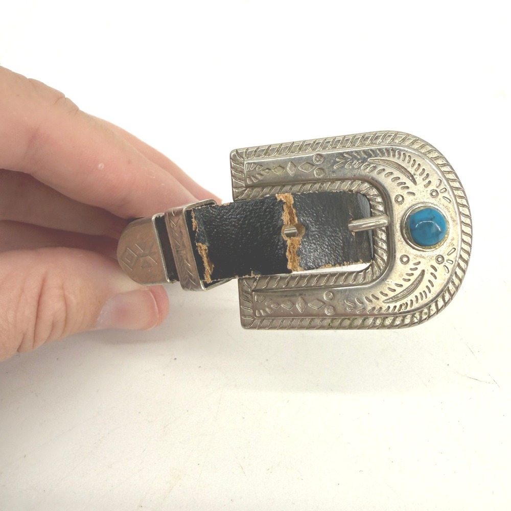 Belt Bracelet Women OS Black Western Faux Turquoise Silver Tone Buckle EUC 10"L